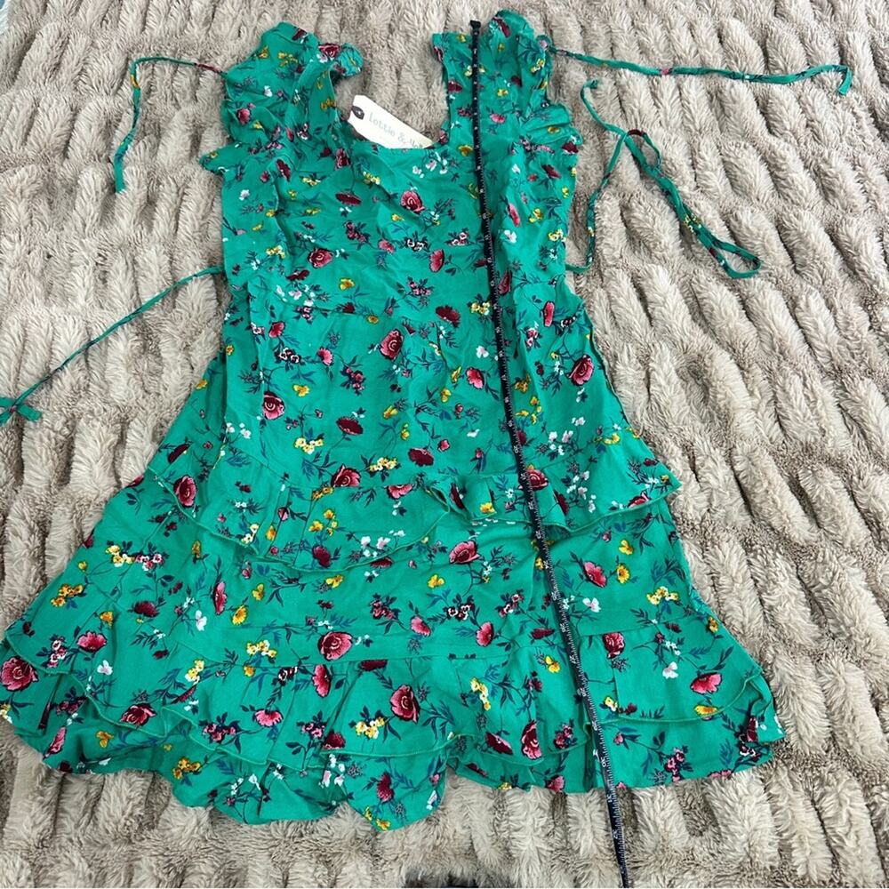 Lottie & Holly S Green Floral Tiered Mini Dress Tropical Resort Coquette - Picture 9 of 14